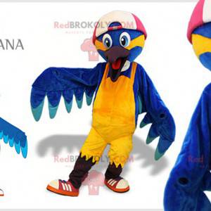 Mascote pássaro azul e amarelo com boné - Redbrokoly.com