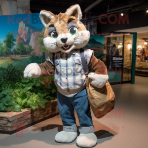 nan Bobcat mascot costume character dressed with a Henley Shirt and Messenger bags