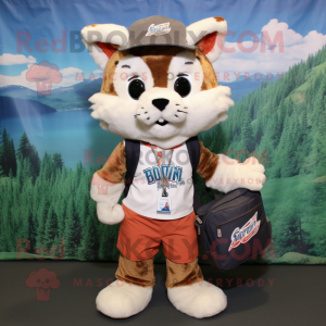 nan Bobcat mascot costume character dressed with a Henley Shirt and Messenger bags