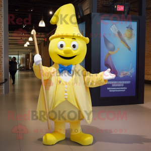 Lemon Yellow Magician mascot costume character dressed with a Oxford Shirt and Shoe laces