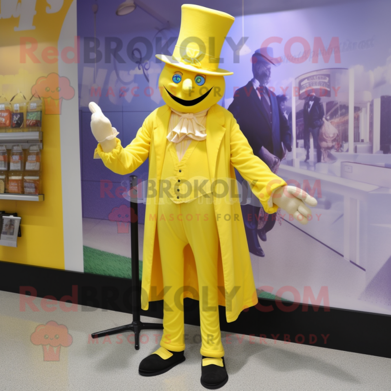 Lemon Yellow Magician mascot costume character dressed with a Oxford Shirt and Shoe laces