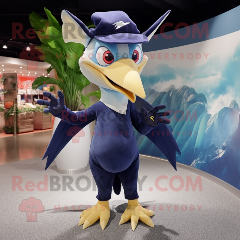 Navy Pterodactyl mascot costume character dressed with a Shorts and Earrings