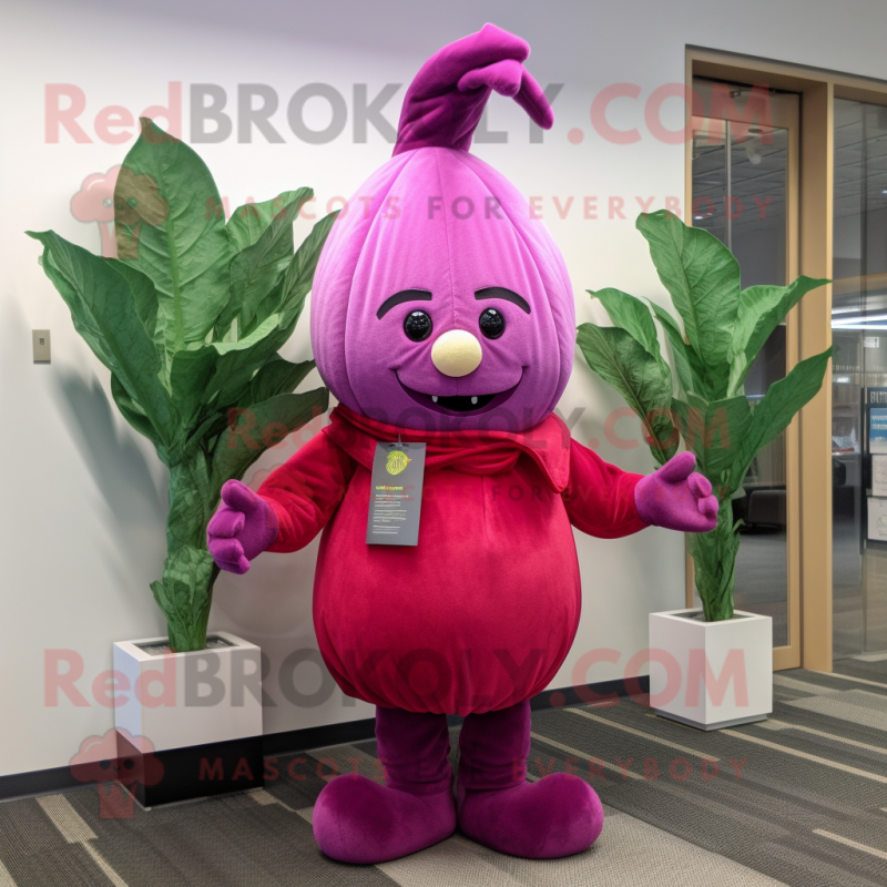 Magenta Turnip mascot costume character dressed with a Dress Pants and Headbands