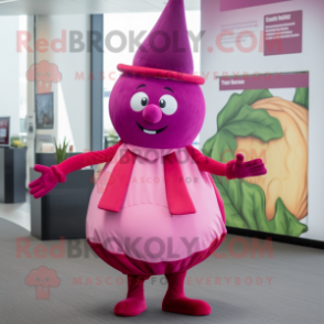 Magenta Turnip mascot costume character dressed with a Dress Pants and Headbands