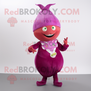 Magenta Turnip mascot costume character dressed with a Dress Pants and Headbands