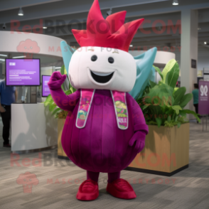 Magenta Turnip mascot costume character dressed with a Dress Pants and Headbands