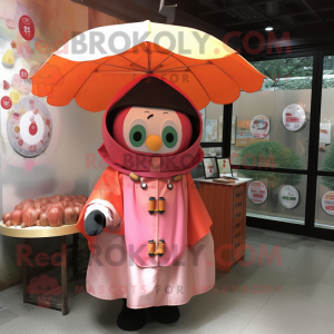 Peach Plate Spinner mascot costume character dressed with a Raincoat and Shawls