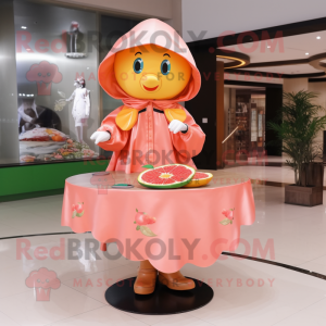 Peach Plate Spinner mascot costume character dressed with a Raincoat and Shawls