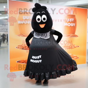 Black Currywurst mascot costume character dressed with a Maxi Skirt and Shoe laces