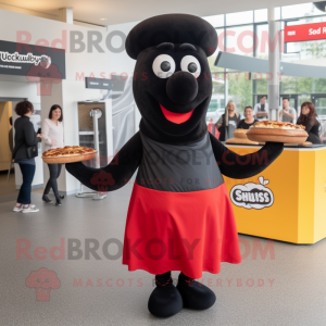 Black Currywurst mascot costume character dressed with a Maxi Skirt and Shoe laces