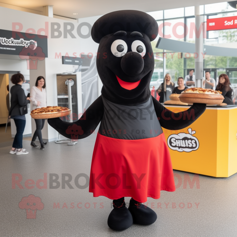 Black Currywurst mascot costume character dressed with a Maxi Skirt and Shoe laces Black Currywurst mascot costume character dressed with a Maxi Skirt and Shoe laces