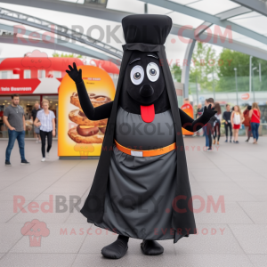 Black Currywurst mascot costume character dressed with a Maxi Skirt and Shoe laces