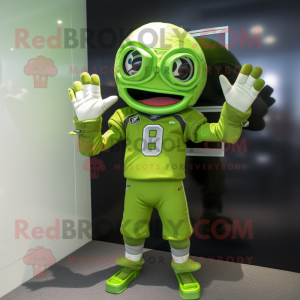 Lime Green American Football Helmet mascot costume character dressed with a Sweatshirt and Gloves