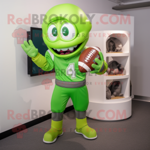 Lime Green American Football Helmet mascot costume character dressed with a Sweatshirt and Gloves