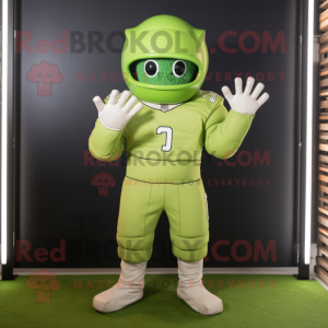 Lime Green American Football Helmet mascot costume character dressed with a Sweatshirt and Gloves