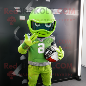 Lime Green American Football Helmet mascot costume character dressed with a Sweatshirt and Gloves