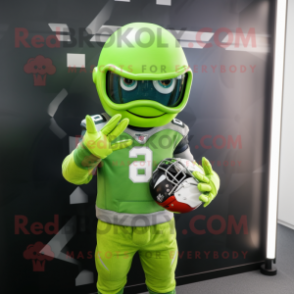 Lime Green American Football Helmet mascot costume character dressed with a Sweatshirt and Gloves