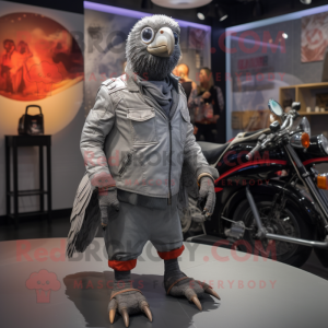 Gray Guinea Fowl mascot costume character dressed with a Moto Jacket and Shoe laces