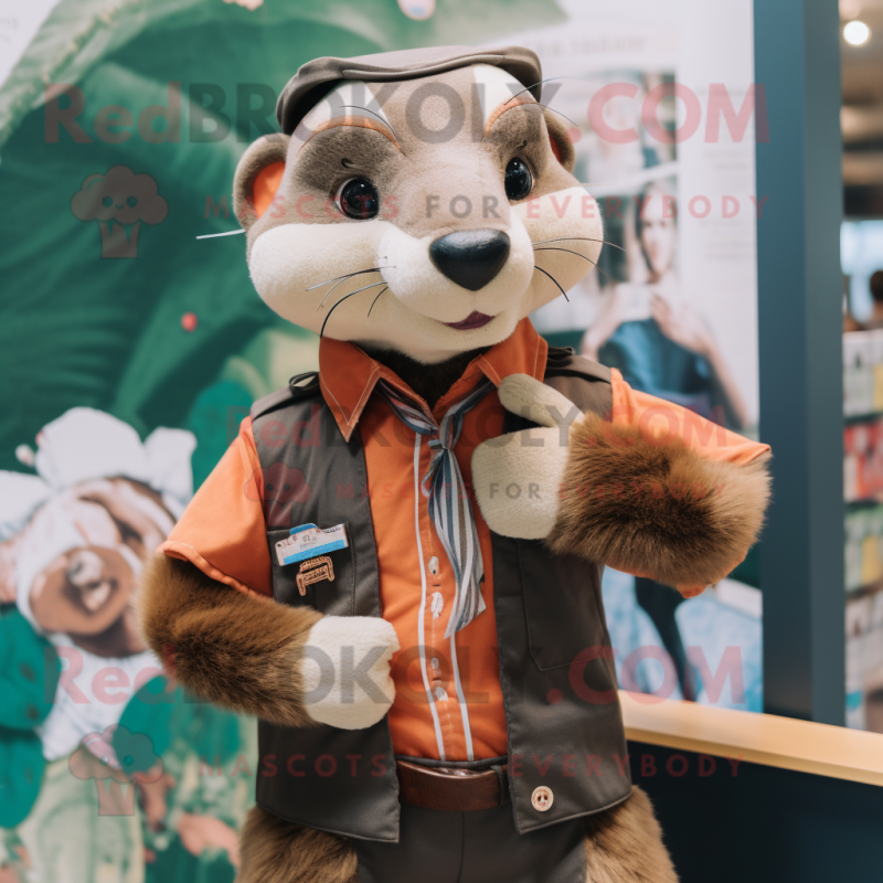 Brown Ferret mascot costume character dressed with a Oxford Shirt and Hairpins