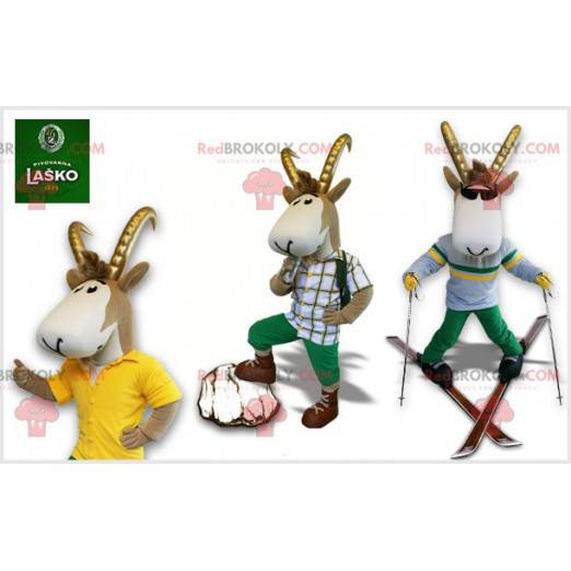 Mascotte de chamois gris et blanc avec des cornes -