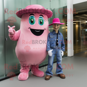 Pink Zucchini mascot costume character dressed with a Boyfriend Jeans and Hats