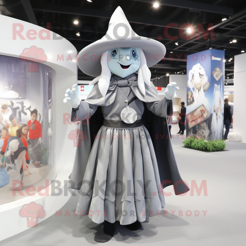 Silver Witch mascot costume character dressed with a Mini Skirt and Hat pins Silver Witch mascot costume character dressed with a Mini Skirt and Hat pins