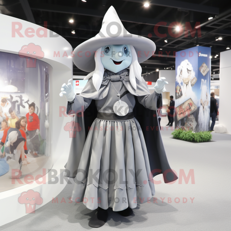 Silver Witch mascot costume character dressed with a Mini Skirt and Hat pins