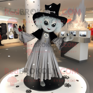 Silver Witch mascot costume character dressed with a Mini Skirt and Hat pins