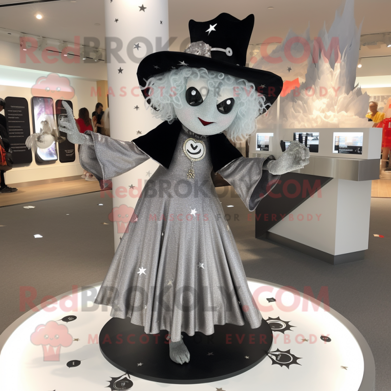 Silver Witch mascot costume character dressed with a Mini Skirt and Hat pins Silver Witch mascot costume character dressed with a Mini Skirt and Hat pins