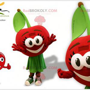 Mascot cereza roja y verde con ojos grandes - Redbrokoly.com