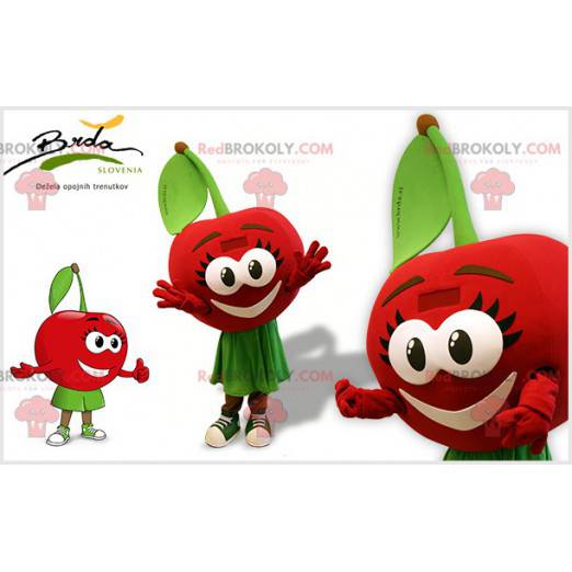 Mascotte rosso e verde ciliegia con grandi occhi -