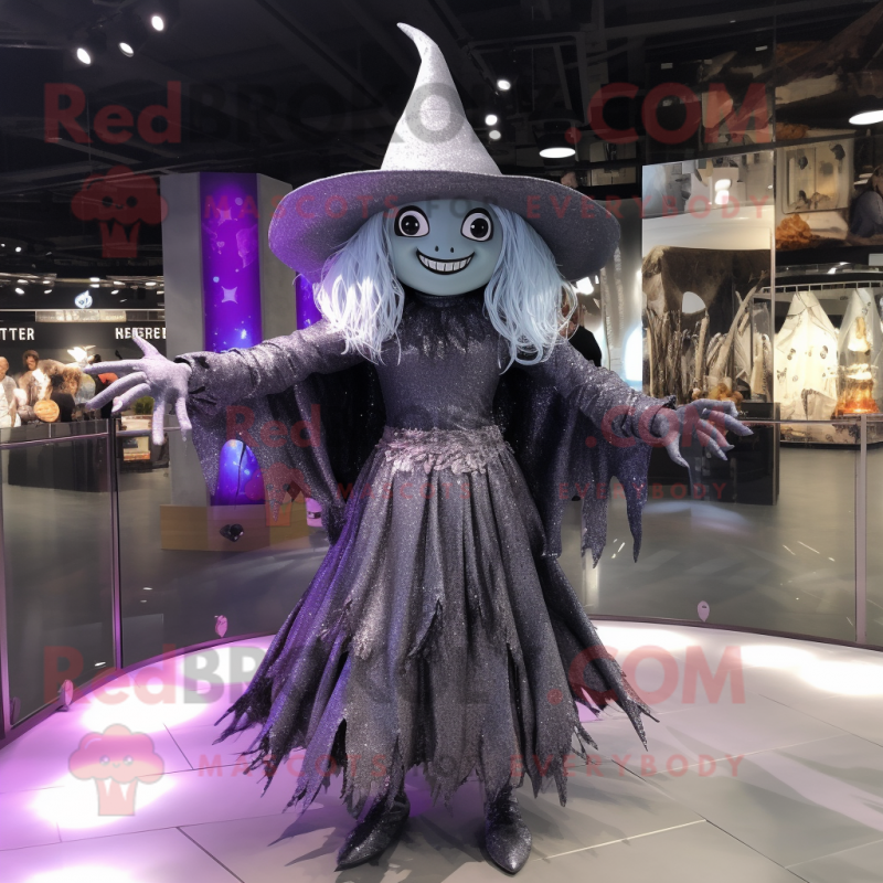 Silver Witch mascot costume character dressed with a Mini Skirt and Hat pins Silver Witch mascot costume character dressed with a Mini Skirt and Hat pins