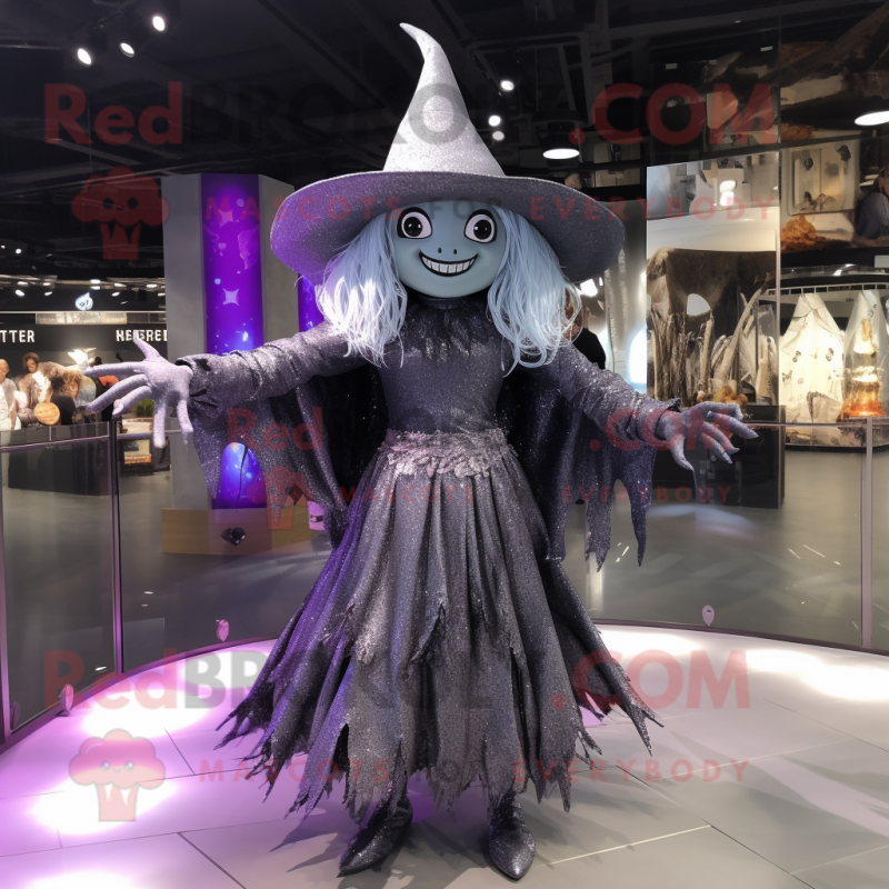 Silver Witch mascot costume character dressed with a Mini Skirt and Hat pins