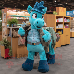 Teal Horse mascot costume character dressed with a Chambray Shirt and Wallets