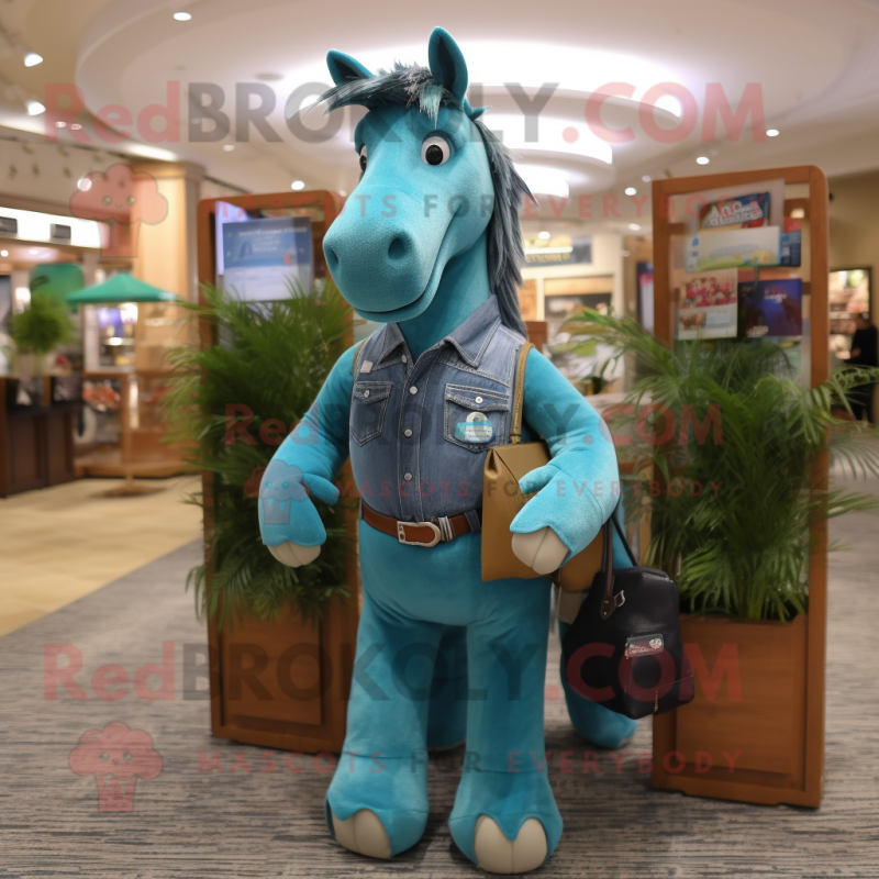 Teal Horse mascot costume character dressed with a Chambray Shirt and Wallets Teal Horse mascot costume character dressed with a Chambray Shirt and Wallets