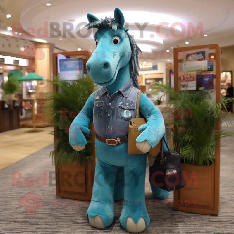 Teal Horse mascot costume character dressed with a Chambray Shirt and Wallets