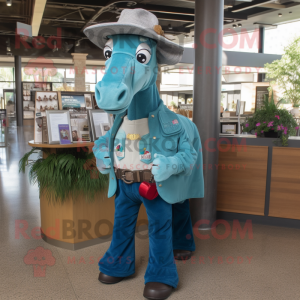 Teal Horse mascot costume character dressed with a Chambray Shirt and Wallets