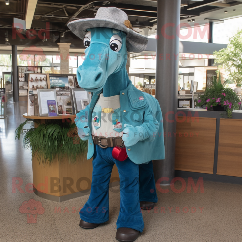 Teal Horse mascot costume character dressed with a Chambray Shirt and Wallets Teal Horse mascot costume character dressed with a Chambray Shirt and Wallets