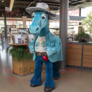 Teal Horse mascot costume character dressed with a Chambray Shirt and Wallets