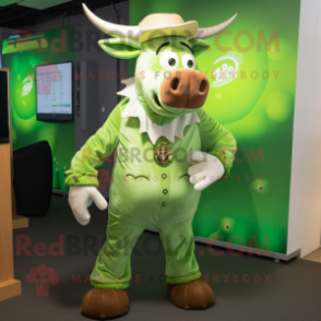 Lime Green Beef Stroganoff mascot costume character dressed with a Playsuit and Cufflinks