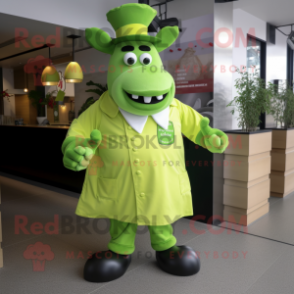 Lime Green Beef Stroganoff mascot costume character dressed with a Playsuit and Cufflinks