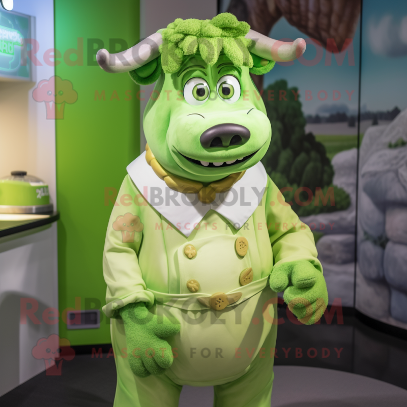 Lime Green Beef Stroganoff mascot costume character dressed with a Playsuit and Cufflinks