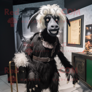 Black Angora Goat mascot costume character dressed with a Shorts and Suspenders