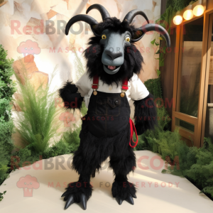 Black Angora Goat mascot costume character dressed with a Shorts and Suspenders