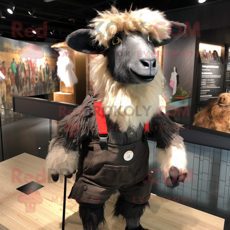 Black Angora Goat mascot costume character dressed with a Shorts and Suspenders