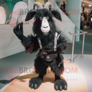 Black Angora Goat mascot costume character dressed with a Shorts and Suspenders