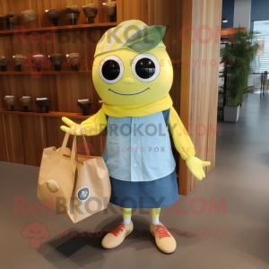 Lemon Yellow Sushi mascot costume character dressed with a Chambray Shirt and Tote bags