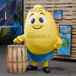 Lemon Yellow Sushi mascot costume character dressed with a Chambray Shirt and Tote bags