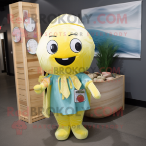 Lemon Yellow Sushi mascot costume character dressed with a Chambray Shirt and Tote bags