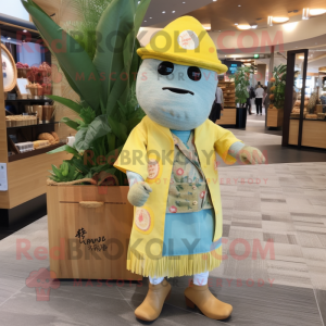 Lemon Yellow Sushi mascot costume character dressed with a Chambray Shirt and Tote bags